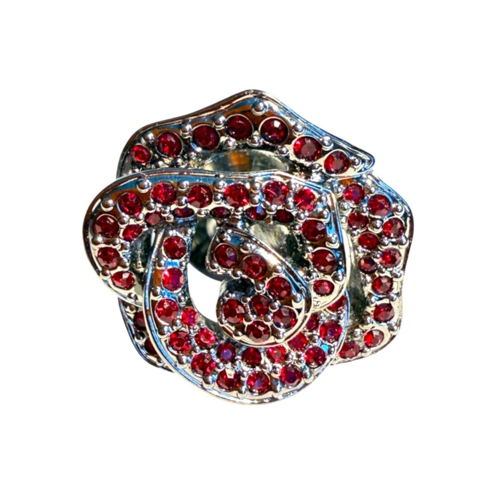Swarovski Red Crystal Rose Pin Brooch – Silver-Tone Pavé Statement Badge